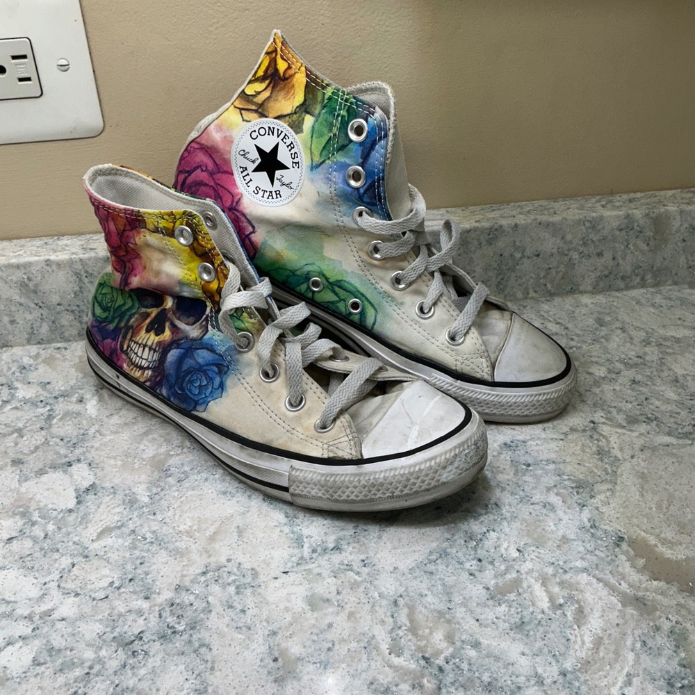 Converse High Top Chuck Taylor All Star W8 M6 Multi Skull Rose Watercolor Shoes